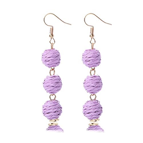 Colorful Long Natural Rattan Raffia Ball Drop Dangle Earrings Boho Handwoven Braid Straw Wicker Beaded For Women Girls Handmade Bohemian Summer Beach Holiday Jewelry-Purple #TOP18
