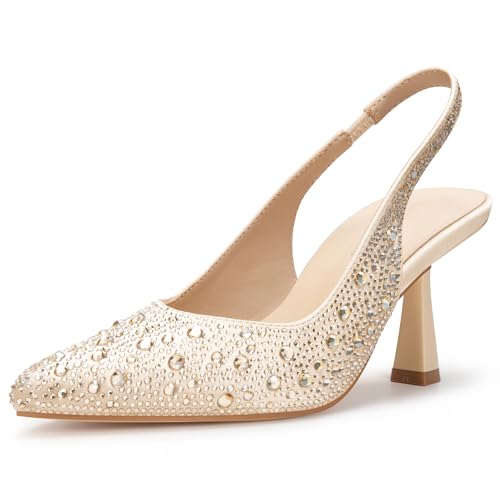 Viciously Vixen Women’s Wedding Shoes for Bride, 2.5 Inch Kitten Heels, Slingback Pumps, Rhinestone and Embroidered Bridal Heels, Elegant Dress Shoes for Evening and Parties, Gold Rhinestones, 6 by Viciously Vixen - Used condition - US$36.89