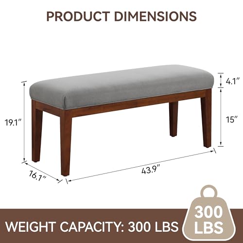 Image of WUTUTUEE 43.5'' Linen Bedroom Bench, Upholstered End of Bed Bench, Padded Vintage Dining Bench, Entryway Bench with Solid Wood Legs, Kitchen, Living Room, Hallway, Light Grey