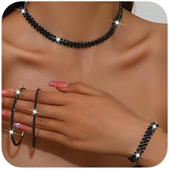 Boho Fashion Prom Shinny Black Rhinestones Choker Necklace Earrings Bracelet Set Dainty Black Hoop Large Circle Earrings Layered Silver Black Halloween Christmas Necklace for Women