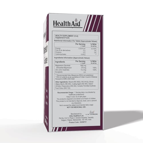 Image of HealthAid Chelated Magnesium Glycinate with Zinc (1682 mg) - Magnesium Supplement for Muscle Recovery, Sleep Support, Cramps Relief & Nerve Health | Promotes Brain Health - 60 Veg Tablets