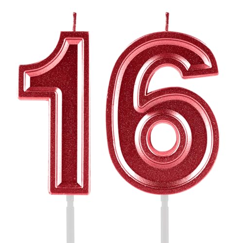 16th Birthday Candles,Red Numeral 16 Cake Topper Decoration Girls Boys Birthday Theme Party Wedding Anniversary Celebration Supplies