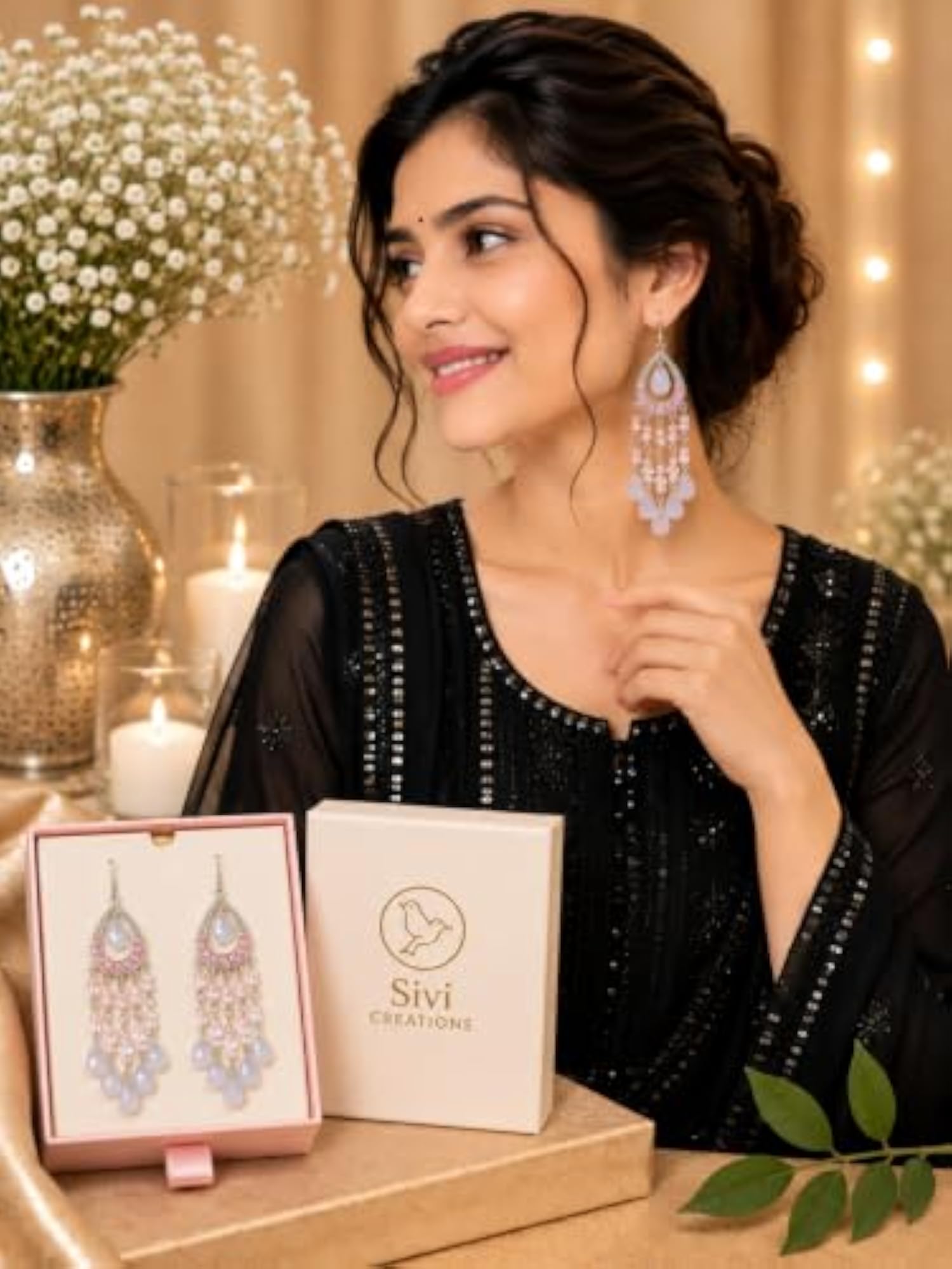 Women's White Pink Beaded Long Dangle Jhumka Earrings