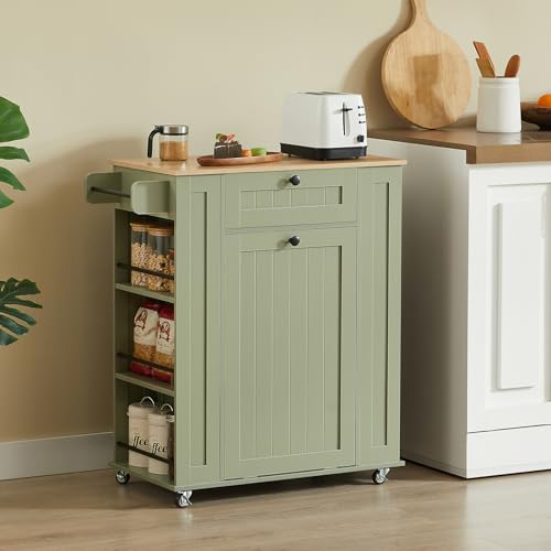 ONBRILL 35\" Kitchen Island with Trash Can Cabinet & Power Outlet, Rolling Kitchen Cart with Storage Drawer, 6-Tier Spice Rack, Portable Sideboard Table for Dining Room, Living Room, Green - Thumbnail 7
