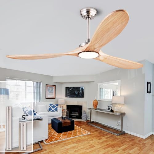 Image of QUTWOB 60 inch 3-Blade Wood Ceiling Fan with Light & Remote, Indoor Outdoor | solid raw wood blades, quiet dc inverter motor, 6-speed reversible remote, 3-color led light, for indoor outdoor patio garage