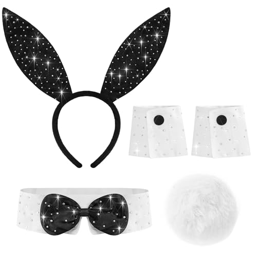 Bohend Rhinestone Bunny Costume Accessory Set - Black Ears Headband White Cuffs Bowtie & Tail for Party Cosplay