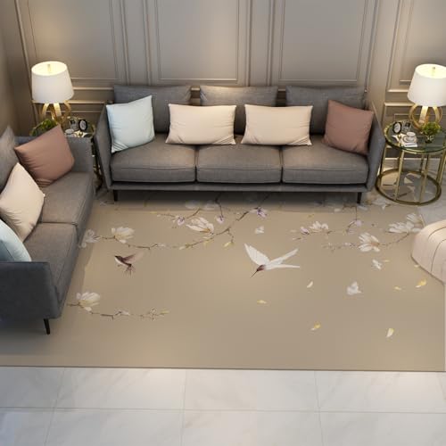 Tapis 140x200cm Magnolia Blossom Birds lavable et antidérapant beige pour salon