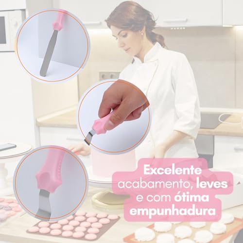 Kit 3 Espátulas Para Confeitaria Ganache Decoração de Bolo Alisar Quinar Em Inox (Rosa)