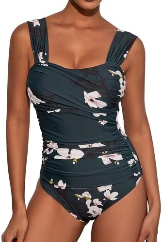 VECENEY One Piece Bathing Suit for Women Tummy Control Swimsuits Square Neck Ruched Modest Swimwear Floral Green L