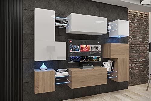 Furnitech Albana AN3N-21WS-HGM32-1B Meuble de salon mural moderne à suspendre avec étagères et meuble TV sans LED (Albania AN3N-21WS-HGM32-1B)