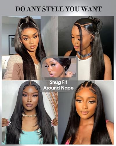 Image of Glueless Drawstring Wigs Human Hair Pre plucked Pre Cut, 6x4 HD Lace Front Wear and Go Glueless Wig Straight with Drawstring Straight for Women 200% Density 28 inch