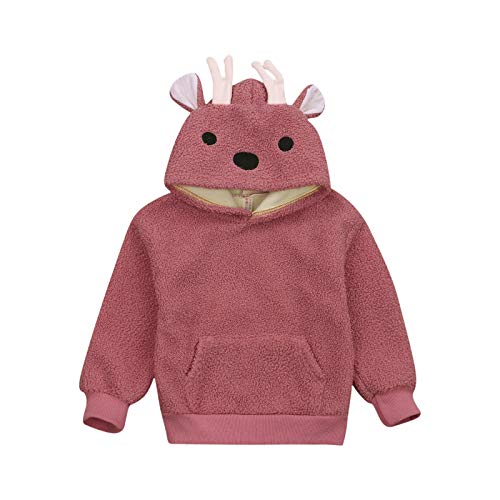 Toddler Girl 's Cartoon Deer Sweater Cute Long-Sleeved Plush Warm Hooded Pullover Sweatshirt Fall Winter Clothes (Dark Pink, 18-24 Months)