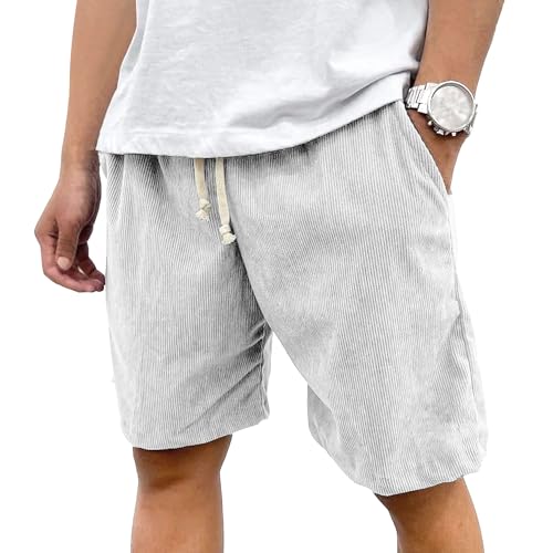 JEShifangjiusu Mens Drawsting Fashion Corduroy Shorts Summer Beach Shorts Elastic Waist Sport Short with Pockets (White,Small)