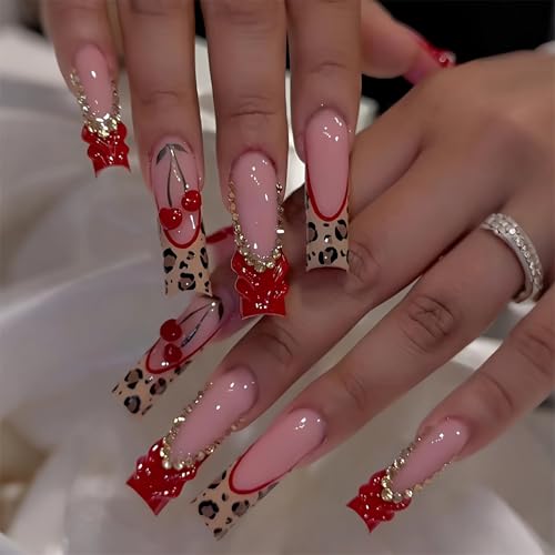 BABALAL Press on False Nails Red Fake Nails Cheetah Fall French Tip, 3D Cherry Acrylic Handmade Glue on with Rhinestone Charm Luxury 24Pcs Manicure Full Cover Gel Nail for Women Girls
