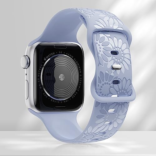 Image of Sunflower Engraved Band Compatible with Apple Watch Bands 38mm 40mm 41mm 42mm 44mm 45mm 49mm Women, Designer Soft Glossy Floral Silicone Strap for iWatch Series Ultra 11 10 9 8 7 6 SE 5 4 3 2 1