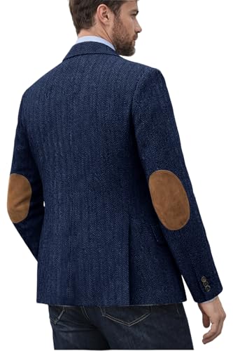DRCUIVS Men's Herringbone Tweed Blazer Elbow Patch Business Casual Sport Coat Notch Lapel Single Breasted Tailored Suit Jacket for Wedding Travel Thanksgiving Dinner Party Navy 6X-Large