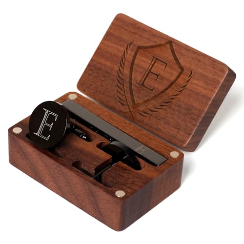 Image of Mens Initial Cufflinks and Tie Clip A-Z Alphabet Letter Black Stainless Cuff Links Tie Bar with Engraved Walnut Wood Box Groom Groomsman Wedding Set