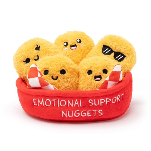 Squishy plush chicken nuggets marketed as 'emotional support' — taps perfectly into the comfort-food-as-therapy meme with huggable results.
