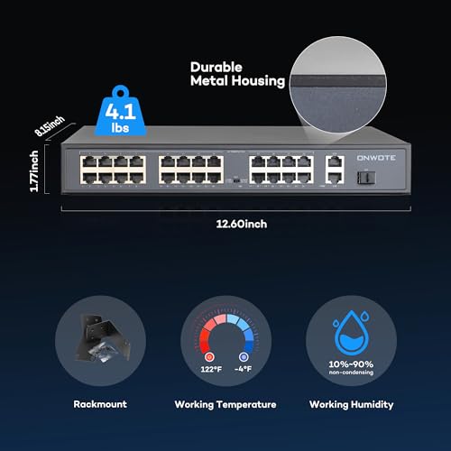 Image of ONWOTE 24 Ports Ethernet PoE Switch @300W, 24x 10 /100M PoE Ports