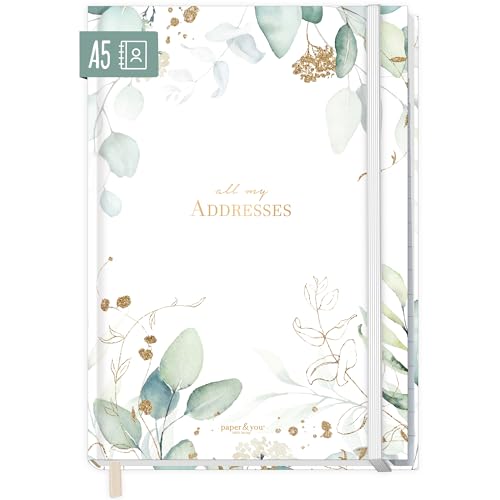 paper&you® - Libreta de direcciones A5 con registro A-Z (hoja dorada), libro para contactos,...