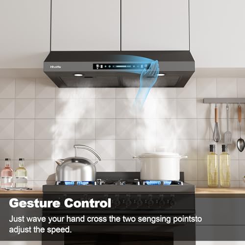Image of HisoHu 30 Inch Under Ducted Cabinet Range Hood with 1200 CFM, 4 Speed Gesture Sensing Kitchen Exhaust Hood & Touch Control Panel, Stainless Steel Stove Vent Hood with 2 LED Lights（Black）