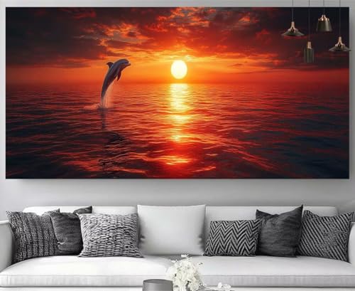 Diamond painting XXL 70x210cm de dauphins au coucher de soleil avec kit broderie complet