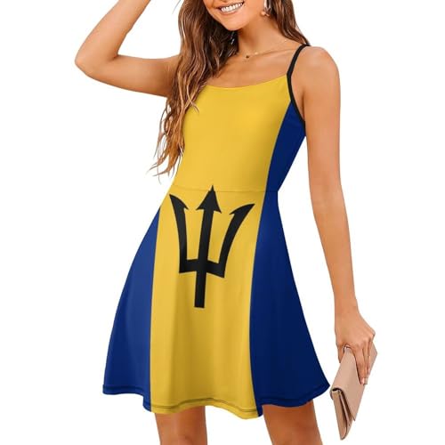 XUTSAKDCJ Summer Comfort Barbados Flag Dresses for Women, Adjustable Spaghetti Strap Dress Casual Beach Vacation Sundress