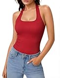 Aottori Camiseta sin Mangas Mujer Verano Cuello Cuadrado Tank Top Halter Crop Ajustado Costilla De Punto Elástica Camisetas Color Sólido Rojo S