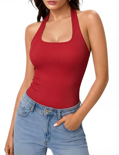 Aottori Camiseta sin Mangas Mujer Halter Crop Cuello U Sexy sin Espalda Tank Top Verano Ajustado Costilla Elegantes Básica Casual Fiesta Deportivas Y2k Shirt Rojo S