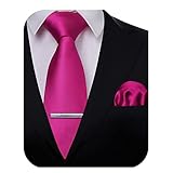 HISDERN Mens Hot Pink Ties for Men Business Wedding Rose Gold Woven Silk Ties and Pocket Square with Neckties Clip Set Formal Solid Stain Tie…
