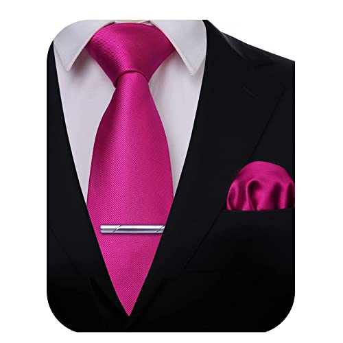 HISDERN Mens Hot Pink Ties for Men Business Wedding Rose Gold Woven Silk Ties and Pocket Square with Neckties Clip Set Formal Solid Stain Tie…
