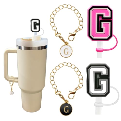 （2+2）2PCS Straw Cover for Stanley Cup 30&40 Oz 10mm Straw Topper with 2PCS Stanley Cup Accessories Letter Charms Name ID Initial Letter Handle Personalized Charm For Stanley Tumbler (Letter G)