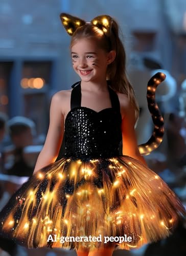 Disfraz completo de gato negro con luces LED para niñas miniatura 2