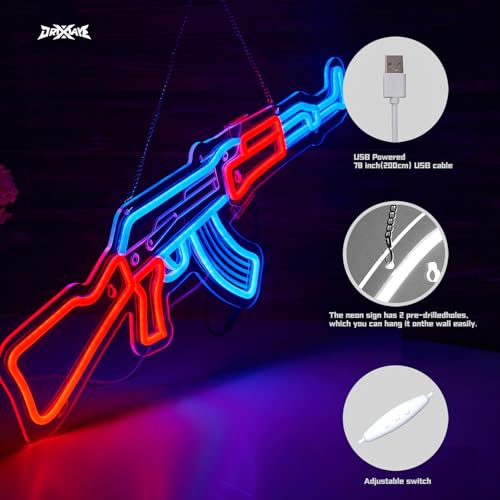 Image of Gun Neon Sign AK 47 Sign for Wall Decor Large Size(26.5x8.7 Inch) Smart plug timer compatible USB Powered Man Cave Bedroom Decor