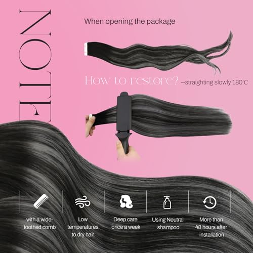 Image of Moresoo Hair Tape in Extensions Black Silver Balayage 22in 20Pcs 50g | Tape extensions human hair, silver gray ribbons, Remy texture, added length for French twists and formal event styling