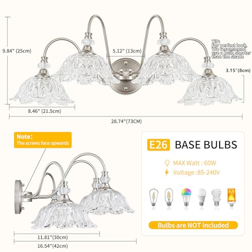 Image of Brushed Nickel Bathroom Vanity Light, 4-Light Vanity Light with Floral Clear Glass Shades, Brushed Nickel Wall Mount Lighting for Bathroom, Dressing Table