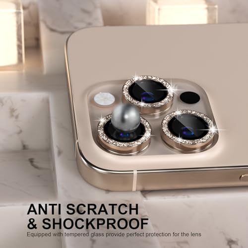 Image of Choiche Compatible for iPhone 16 Pro /iPhone 16 Pro Max Camera Lens Protector, 9H Tempered Glass Camera Cover Screen Protector Metal Ring Decoration Accessories (Titanium Natural) (Glitter Titanium Desert, For 16 Pro Max /16 Pro)