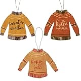 Set of 3 - Fall Wood Sweater Hanging Ornaments - Fall Autumn Halloween Thanksgiving - Hello Pumpkin, Sweater Weather, Happy Fall - Country Farmhouse Rustic Look -  Hearthside