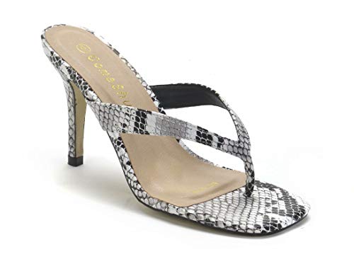 ComeShun Women Slip On Kitten Heels Mules Square Toe Flip Flops Sandals White Snake Prints Size 10
