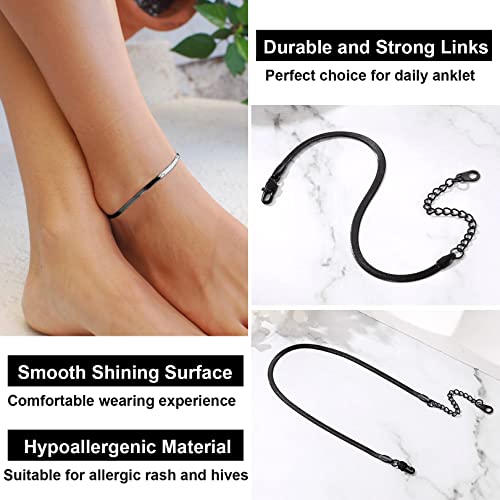 Focalook Black Anket For Women, 3Mm Stainless Steel Anklet Waterproof Beach Foot Jewelry Adjustable Flat Snake Chain Herringbone Ankle Bracelets For Large Ankle 8.7-10.7 Inch #TOP4