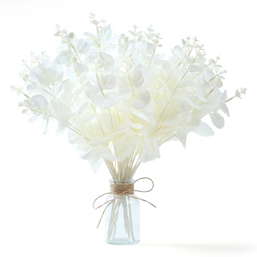 SITUMEIZI 10 tallos de eucalipto blanco artificial de seda blanca hojas de eucalipto falsas para decoración de otoño, hogar, dormitorio, fiesta, 13.4 pulgadas