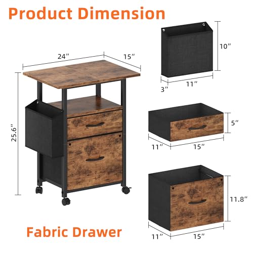 GYIIYUO 2 Drawer File Cabinet with 24'' Extended Desktop, Mobile Filing Cabinet, Rolling File Cabinet with Side Bag, Fabric Drawer, Fits A4/Letter Size, Printer Stand Home Office, Light Brown
