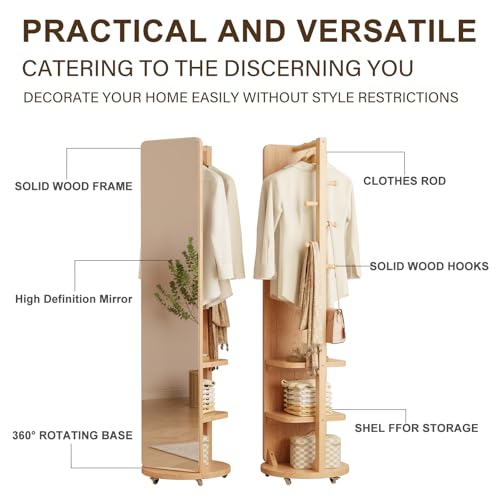Image of WoodsWhisper Full Length Mirror Coat Rack Solid Wood Floor Mirror 66 inchx12 inch Full Length Mirror with Stand Long Mirrors for Bedroom,Living Room (Natural-Mobile, 66 inch Lx12 W)