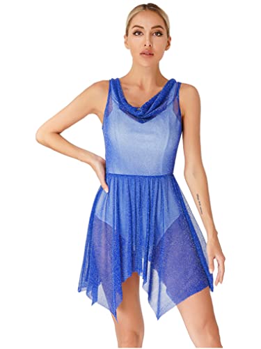 JanJean Women Sleeveless Draped Neck Sequins Mesh Praise Dance Tunic Overlay Dress Lyrical Dancewear Royal Blue Small