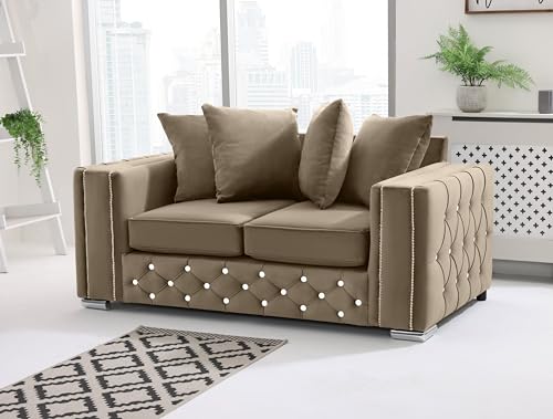 Sofahub Milano Mink Plush Velvet Sofa Set – Scatterback Cushions, Diamond Button Tufted with Chrome Feet & Foam Seats | 2 Seater, 3 Seater, 3+2 Set, Armchair & Corner Sofa (Mink, 3-Seater)