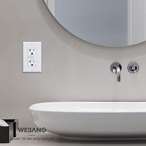WEBANG 20 Amp GFCI Outlet, Tamper Resistant/Weather Resistant(WR) Receptacle, Self-Test Ground Fault Circuit Interrupter with LED Indicator, Wall Plates and Screws Included, UL Listed, White, 10 Pack - Thumbnail 2
