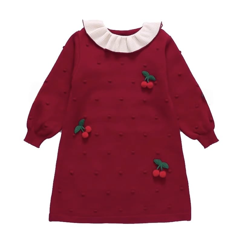 Girls Sweater Dress Ruffled Collar Pom Pom Cherry Decorated Knit Long Sleeve Dress Girls Cute Dress for 2-7 Years