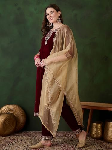 Image of SheWill Kurta Set for Women - Maroon Velvet Zari Sequence Cording Embroidered Kurta with Pant and Cutwork Organza Dupatta