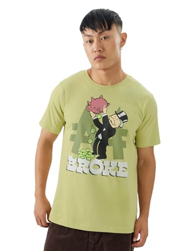 Image of The Souled Store Official Monopoly: Broke! Men and Boys Short Sleeve Round Neck Green Graphic Printed Regular Fit Cotton T-Shirts
