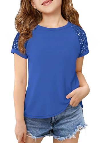 Image of Haloumoning Girls Sequin Short Sleeve T Shirts Kids Summer Crewneck Tops Fashion Tees 5-14 Years